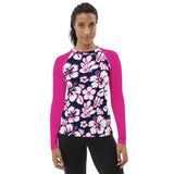 Navy Blue, Hot Pink and White Hawaiian Print Women's Rash Guard with Hot Pink Sleeves - Extremely Stoked