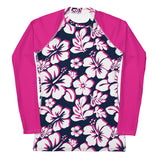 Navy Blue, Hot Pink and White Hawaiian Print Women's Rash Guard with Hot Pink Sleeves - Extremely Stoked