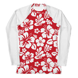 Red and White Hawaiian Print Women's Rash Guard with White Sleeves