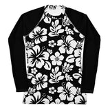 Black and White Hawaiian Print Women's Rash Guard with Black Sleeves - Extremely Stoked