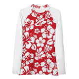 Red and White Hawaiian Print Women's Rash Guard with White Sleeves - Extremely Stoked