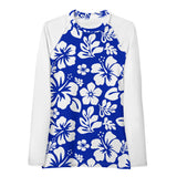 Royal Blue and White Hawaiian Flowers Women's Rash Guard with White Sleeves - Extremely Stoked