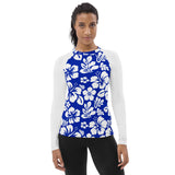 Royal Blue and White Hawaiian Flowers Women's Rash Guard with White Sleeves - Extremely Stoked