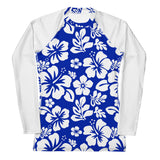 Royal Blue and White Hawaiian Flowers Women's Rash Guard with White Sleeves - Extremely Stoked