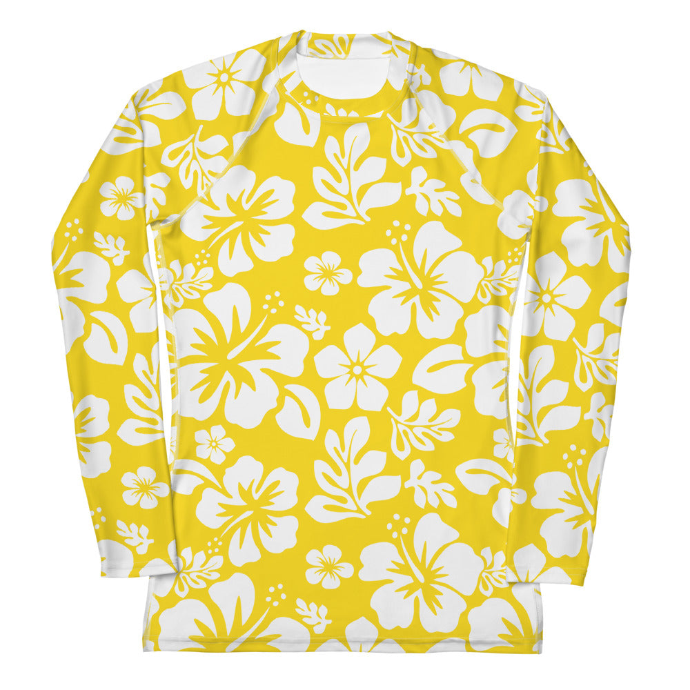 Women's Yellow and White Hawaiian Flowers Rash Guard – Eco Swim Shirt ...