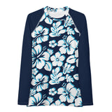 Ocean Blues Hawaiian Flowers Women's Rash Guard with Navy Blue Sleeves