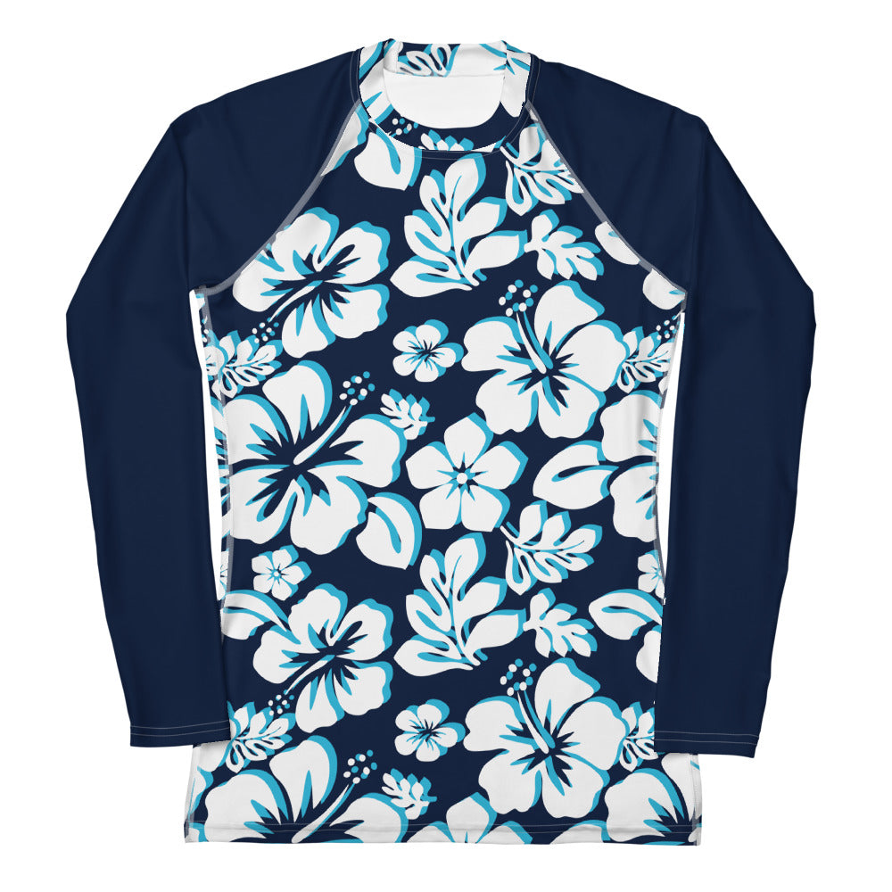 Women's Ocean Blues Hawaiian Flowers Rash Guard with Navy Blue Sleeves ...