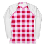 Women's Cherry Red, White and Pink Preppy Gingham Rash Guard with White Sleeves