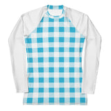 Women's Aqua Blue and White Preppy Gingham Rash Guard with White Sleeves