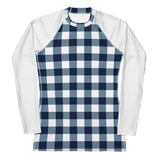 Women's Navy Blue and White Preppy Gingham Rash Guard with White Sleeves