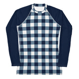 Women's Navy Blue and White Preppy Gingham Rash Guard with Navy Blue Sleeves