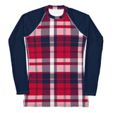 Women's Red, White and Navy Blue Preppy Plaid Rash Guard with Navy Blue Sleeves