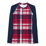 Women's Red, White and Navy Blue Preppy Plaid Rash Guard with Navy Blue Sleeves