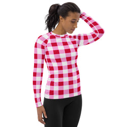 Women's Cherry Red, White and Pink Preppy Gingham Rash Guard