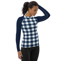 Women's Navy Blue and White Preppy Gingham Rash Guard with Navy Blue Sleeves