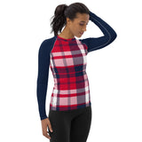 Women's Red, White and Navy Blue Preppy Plaid Rash Guard with Navy Blue Sleeves