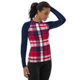 Women's Red, White and Navy Blue Preppy Plaid Rash Guard with Navy Blue Sleeves