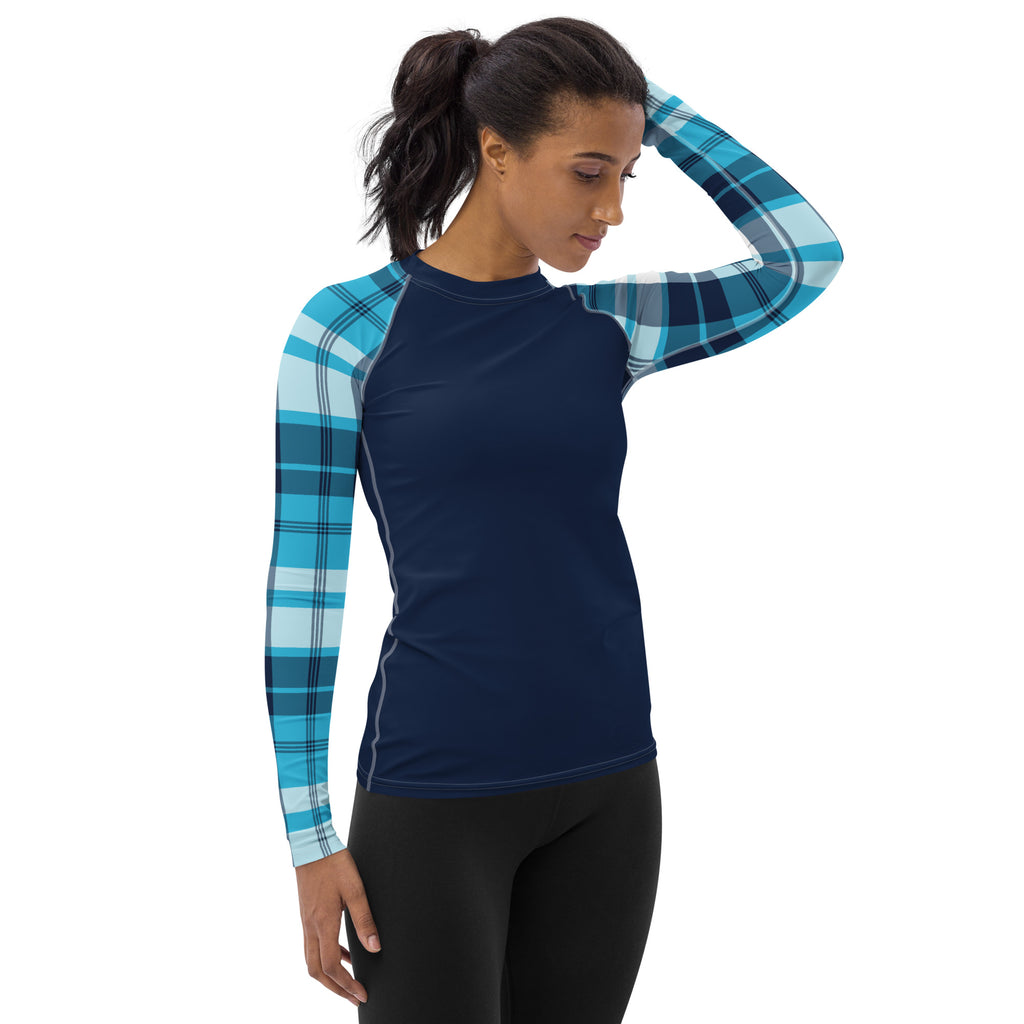 Women's Navy Blue Rash Guard with Ocean Blues Preppy Plaid Sleeves – E ...
