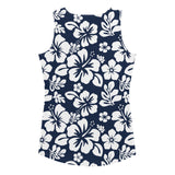 Navy Blue and White Hawaiian Flowers Women's Athletic Swim Tank Top