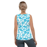 Aqua Blue and White Hawaiian Flowers Women's Athletic Swim Tank Top