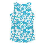 Aqua Blue and White Hawaiian Flowers Women's Athletic Swim Tank Top