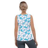 Aqua, Pink and White Hawaiian Flowers Women's Athletic Swim Tank Top