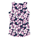 Navy Blue, Hot Pink and White Hawaiian Flowers Women's Athletic Swim Tank Top