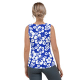 Royal Blue and White Hawaiian Flowers Women's Athletic Swim Tank Top