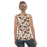 Brown and White Hawaiian Flowers Women's Athletic Swim Tank Top