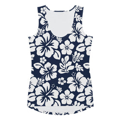 Navy Blue and White Hawaiian Flowers Women's Athletic Swim Tank Top