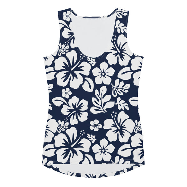 Navy Blue and White Hawaiian Flowers Women’s Tank Top | Eco Swim & Athleisure by Extremely Stoked®
