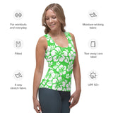 Lime Green and White Hawaiian Flowers Women's Athletic Swim Tank Top