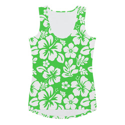 Lime Green and White Hawaiian Flowers Women's Athletic Swim Tank Top