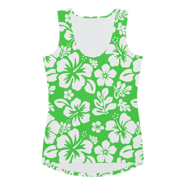 Lime Green and White Hawaiian Flowers Women's Athletic Swim Tank Top