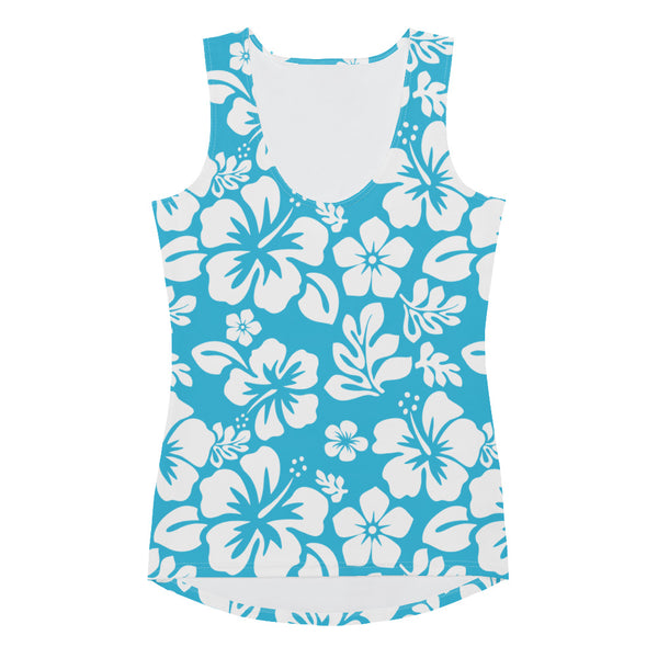 Aqua Blue and White Hawaiian Flowers Women's Athletic Swim Tank Top