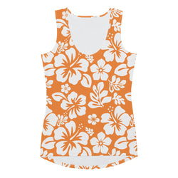 Orange and White Hawaiian Flowers Women's Athletic Swim Tank Top