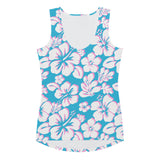 Aqua, Pink and White Hawaiian Flowers Women's Athletic Swim Tank Top