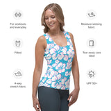 Aqua, Pink and White Hawaiian Flowers Women's Athletic Swim Tank Top