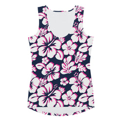 Navy Blue, Hot Pink and White Hawaiian Flowers Women's Athletic Swim Tank Top