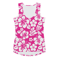 Hot Pink and White Hawaiian Flowers Women's Athletic Swim Tank Top