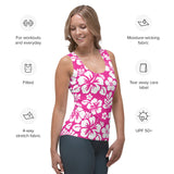 Hot Pink and White Hawaiian Flowers Women's Athletic Swim Tank Top