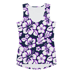 Navy Blue, Purple and White Hawaiian Flowers Women's Athletic Swim Tank Top