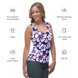 Navy Blue, Purple and White Hawaiian Flowers Women's Athletic Swim Tank Top