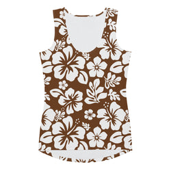 Brown and White Hawaiian Flowers Women's Athletic Swim Tank Top