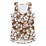 Brown and White Hawaiian Flowers Women's Athletic Swim Tank Top