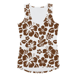 White and Brown Hawaiian Flowers Women's Athletic Swim Tank Top