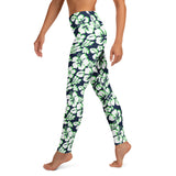 Navy Blue, White and Lime Green Hawaiian Flowers Yoga Leggings - Activewear by Extremely Stoked®