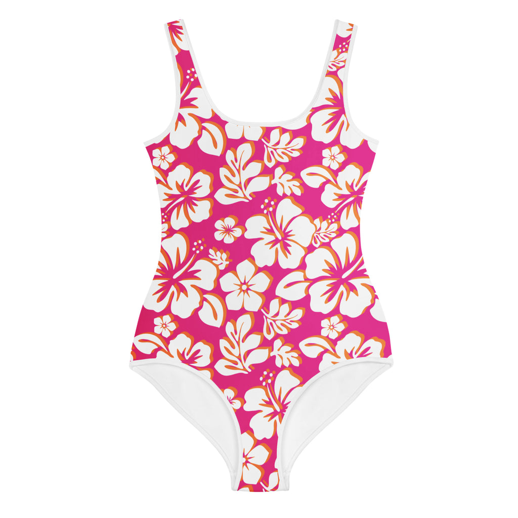 Hot Pink, Orange and White Hawaiian Flowers Girls One-Piece Swimsuit ...