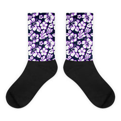 Navy Blue, White and Purple Hawaiian Flowers Socks