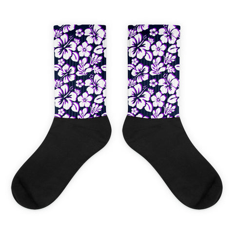 Navy Blue, White and Purple Hawaiian Flowers Socks